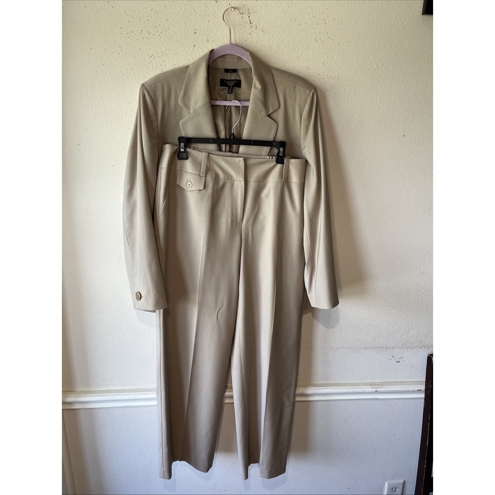 Talbots 2 Piece Pants Suit Wool 14W Nude One Button Career  Minimalist Stretch